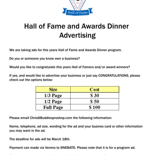 Put an ad or message in the Hall of Fame & Annual Awards Dinner Program