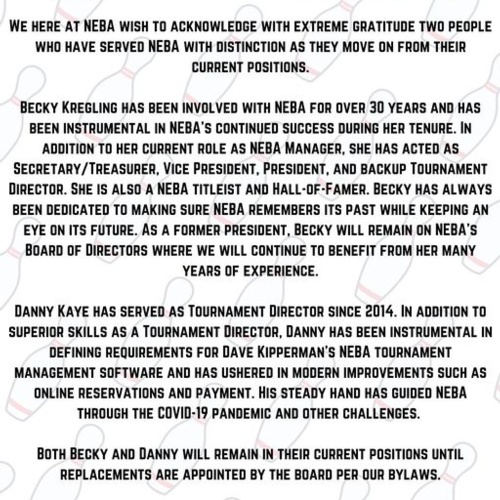 Resignation of NEBA Manager Becky & Tournament Director Dan