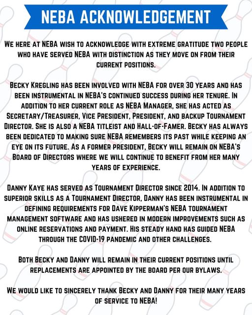 Resignation of NEBA Manager Becky & Tournament Director Dan