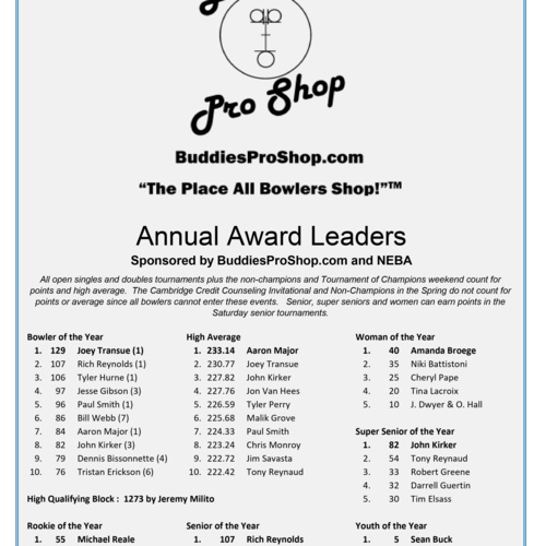 BuddiesProShop.com Annual Award Standings