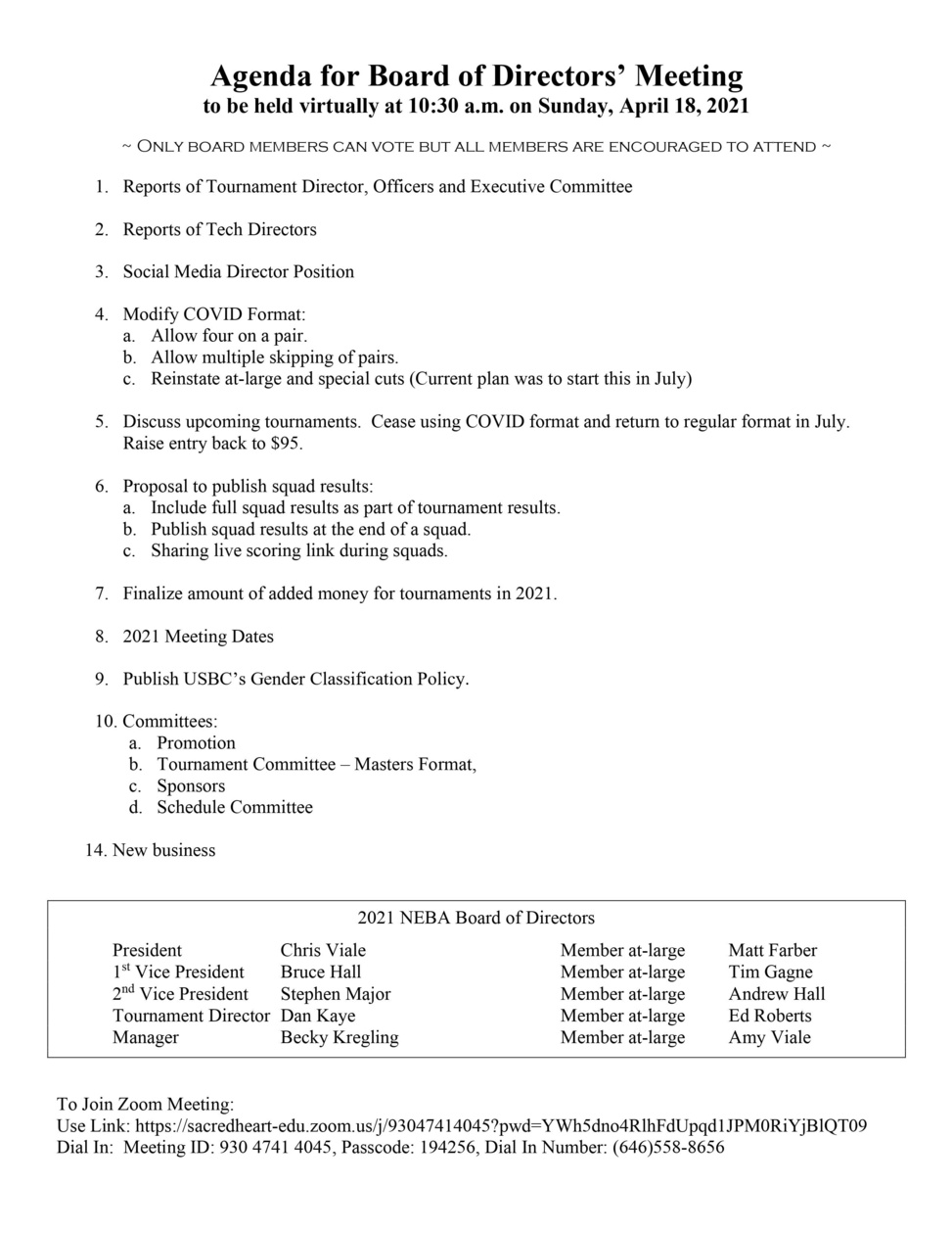 Board Meeting Sunday, April 18